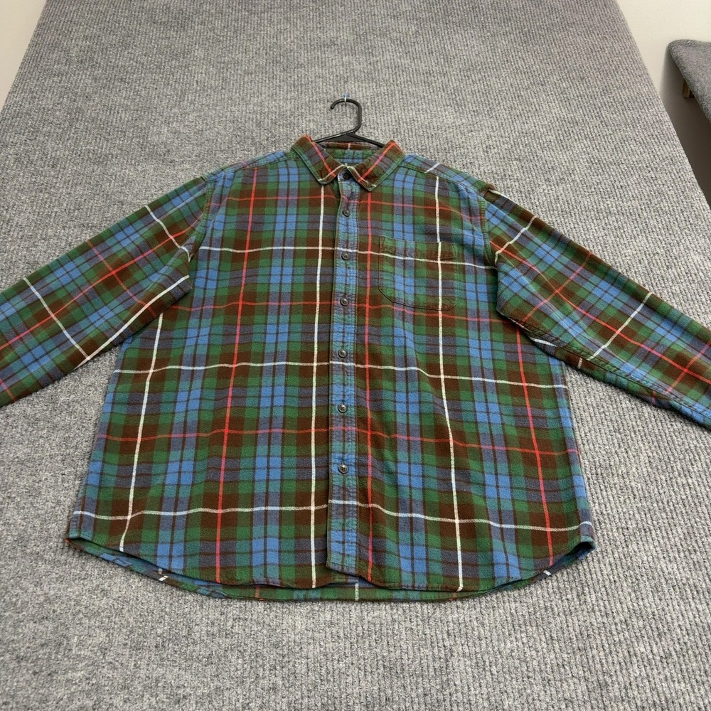 LL Bean Flannel Shirt Mens L Green Cotton Plaid Traditional Fit Outdoor Style